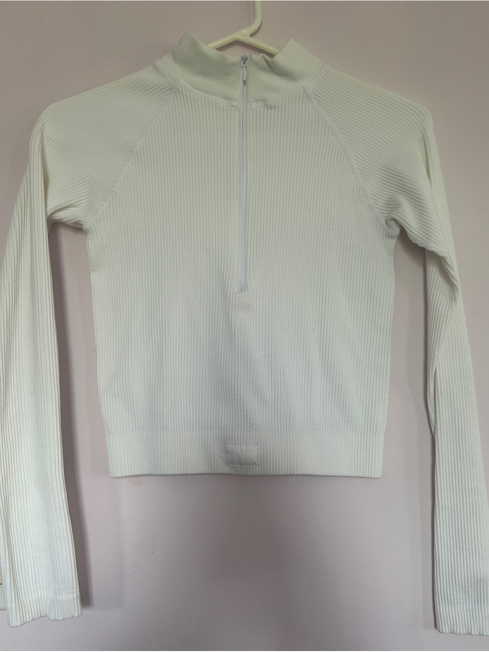 Cropped White Ribbed Half‑Zip Long Sleeve Top